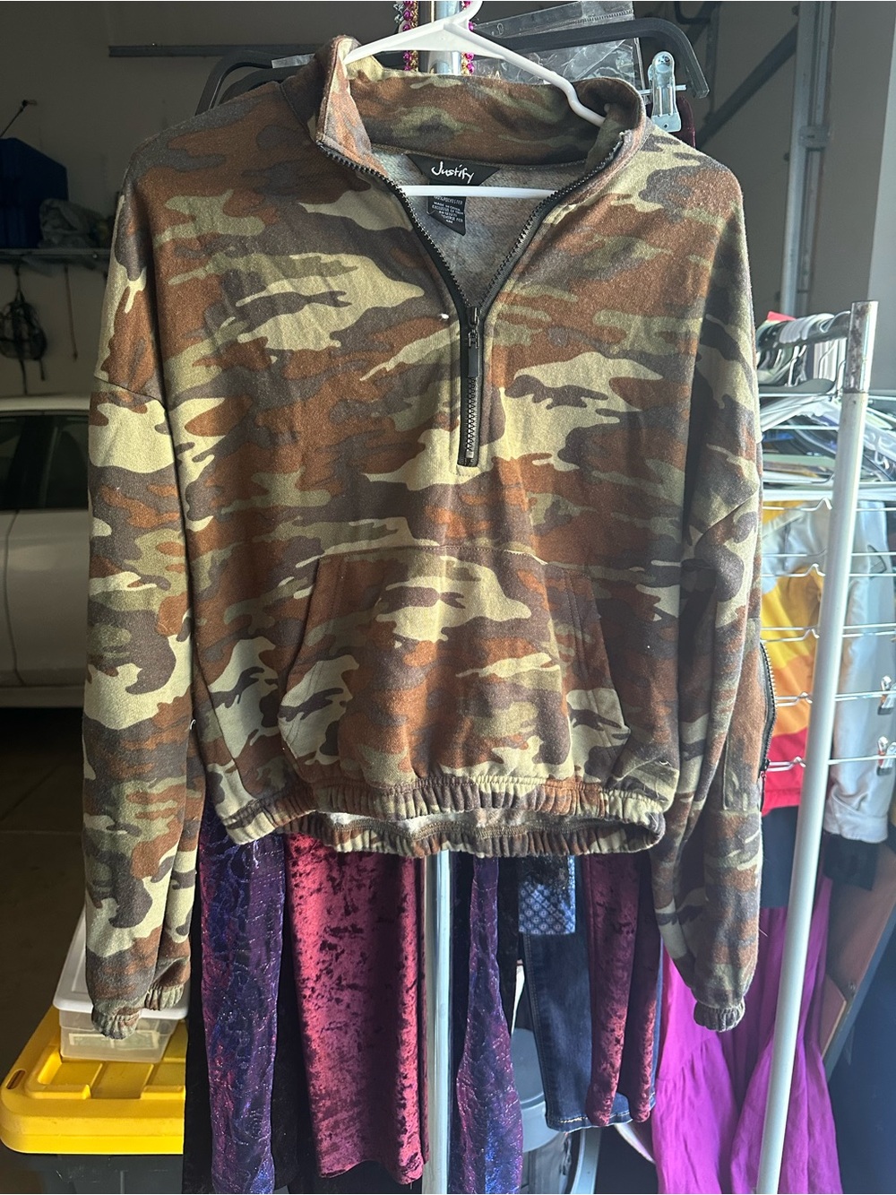 Justify women’s Camo Quarter-Zip Sweater in Brown and Green